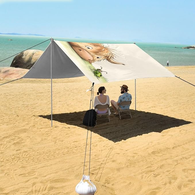ALAZA Cute Bull Calf Yak Ladybug Beach Tent Sun Shelter UPF50+ Protection Beach Shade Canopy w/ 4 Sandbags for Outdoor Camping Fishing Backyard Fun Picnic 10x9 ft