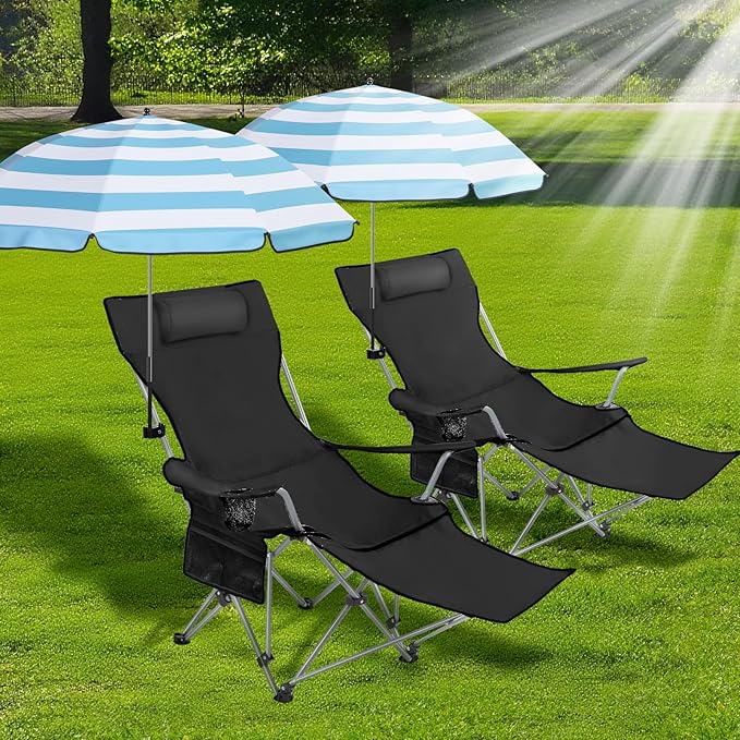 Karenhi 2 Set Beach Camping Chair with Umbrella for Adult Folding Reclining Camping Chair with Foot Rest Adjustable Clamp Canopy Shade for Outdoor Patio Travel Beach(Black)