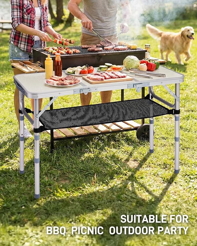 Outvita Folding Table 3FT Aluminum Camping Table with Storage Adjustable Height Picnic Table Lightweight for Carring Outdoor Party Events Beach