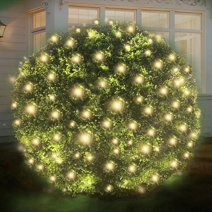 LED Christmas Net Lights Outdoor UL Certified 144LED 6ftx6ft Green Wire Connectable Waterproof Mesh Light for Christmas Party Yard Shrubs and Bushes Decorations (Warm White)