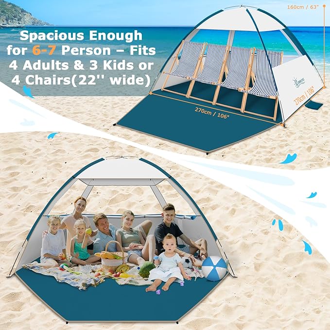COMMOUDS Beach Tent Sun Shade for 3/4/6/8 Person UPF 50+ Beach Sun Shelter Canopy Tent Lightweight Easy Set Up and Carry
