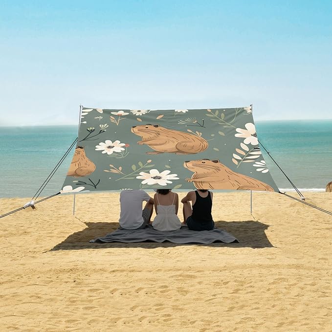 Capybara and White Flowers and Leaves Camping Sun Shelter Beach Tent Portable Beach Sun Shade Outdoor Canopy for Camping Trips Fishing Picnic