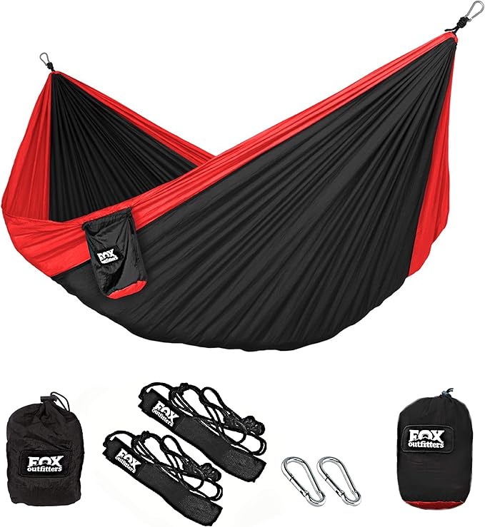 Fox Outfitters Neolite Double Camping Hammock - Lightweight Portable Nylon Parachute Hammock for Backpacking Travel Beach Yard. Hammock Straps &amp Steel Carabiners Included (Red/Black)