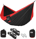 Fox Outfitters Neolite Double Camping Hammock - Lightweight Portable Nylon Parachute Hammock for Backpacking Travel Beach Yard. Hammock Straps &amp Steel Carabiners Included (Red/Black)