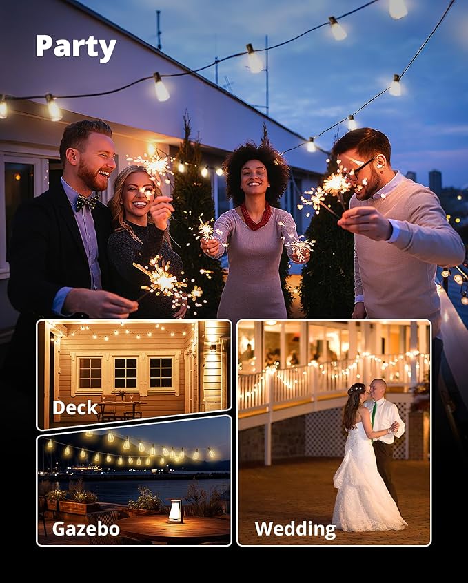 VIPAR LED Outdoor String Lights 100FT Patio Lights with 32 Edison Shatterproof Bulbs IPX5 Waterproof Outside Hanging Light Connectable for Backyard Porch Balcony Garden Deck Decor E12 Base Black
