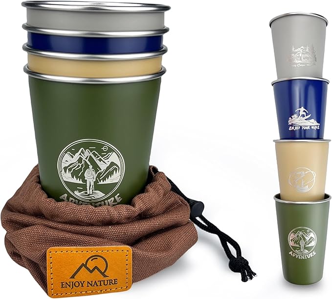 Camping Cup 16oz (4 Pack) 18/8 Stainless Steel Cup for Outdoor Picnic Hiking Fishing Surfing Party Pint cup Metal Mug Tumbler Camping Gift for Him (4 colors)