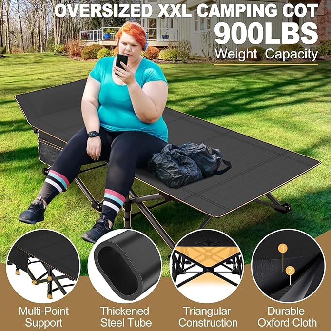 DoCred Oversized XXL Folding Camping Cot with Mattress Heavy Duty Sleeping Cot Bed Portable Adults Outdoor Bed with Carry Bag Travel Camp Cots