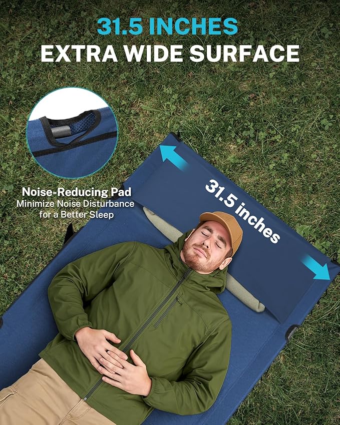 Gonex 31.5 Extra Wide Camping Cot with Premium Pillow Pocket Supports 350lbs Portable Ultralight Folding Cot Bed for Adults Travel Beach Home Sleeping (Blue)