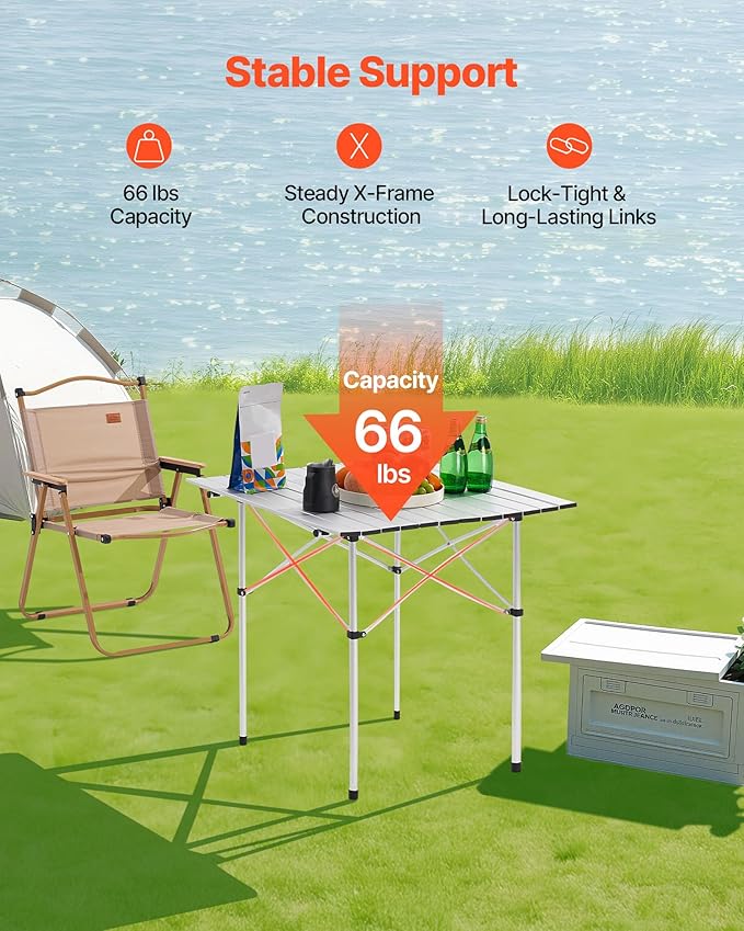 VEVOR Folding Camping Table Portable Roll Up Side Tables Lightweight Aluminum Table for Outdoor BBQ Tailgating Picnic Travel (28 inch-Silver)