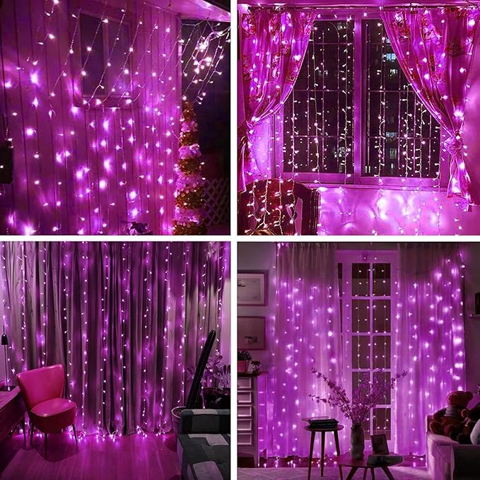 300LED Solar Curtain Lights - Outdoor Indoor Waterproof Fairy String Lights Twinkle 8 Modes Christmas Decoration for Home Garden Patio Wedding Party (Pink)