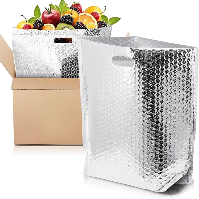 APQ Insulated Foil Bag With Handles 12 x 10 x 9 Inches. 5 Pack Thermal Bags for Frozen Food. Metallized Foil Box Liners With Bubble Cushion. Shipping Bags for Food Cosmetics