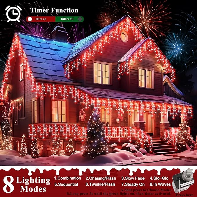 XURISEN 66ft Christmas Lights Decorations Outdoor 640 LED 8 Modes Curtain Fairy Lights with 120 DropsPlug in Waterproof Timer Memory Function for Christmas Holiday Wedding Party Decor(Red+White)