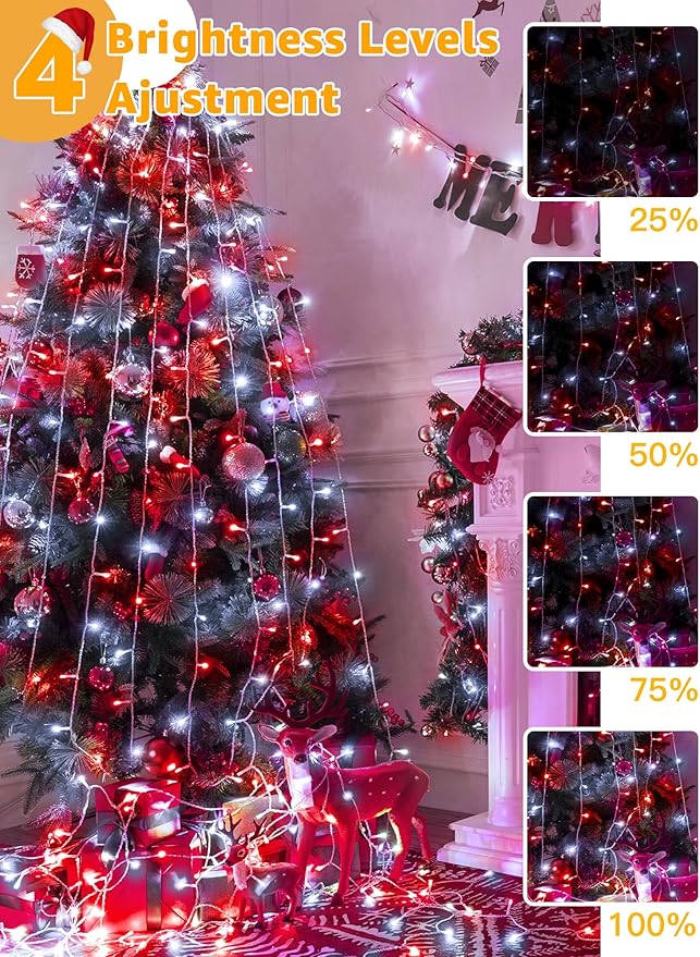 Christmas Lights 600 LED 98FT Waterproof Outdoor String Lights with Remote and Timer 8 Modes Dimmable Fairy Lights for Indoor Outdoor Wedding Party Holiday Decorations (Red and White)