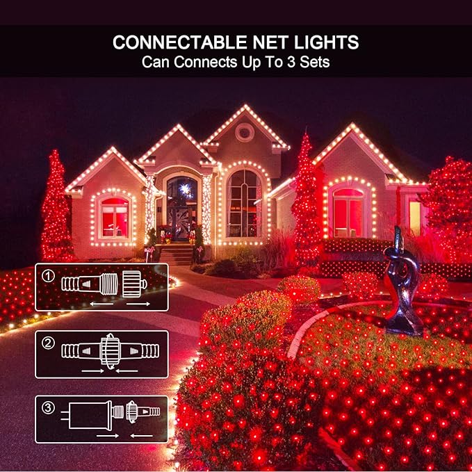 JMEXSUSS 200 LED Red Christmas Net Lights 9.8ft x 6.6ft Connectable Christmas Bush Lights with Remote 8 Modes Plug in Net Light Outdoor Mesh Light Waterproof for Tree Yard Valentines Decoration