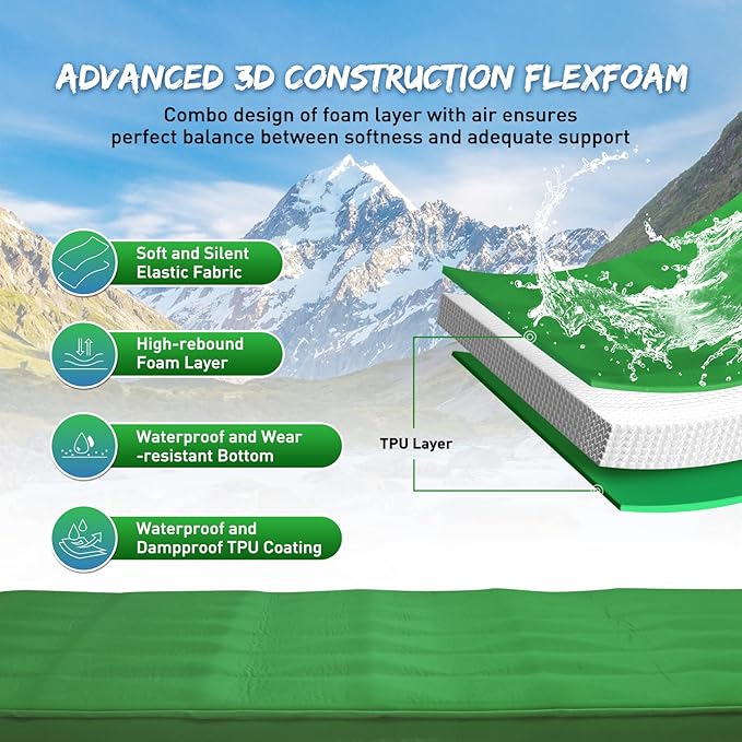 Buheco Sleeping Pad for Camping Self-Inflating 9.5 R Value 3 Ultra-Thick Memory Foam Comfort Plus Camping Mats for Backpacking Travelling &amp Hiking Portable Air Mattress for 4-Season Green