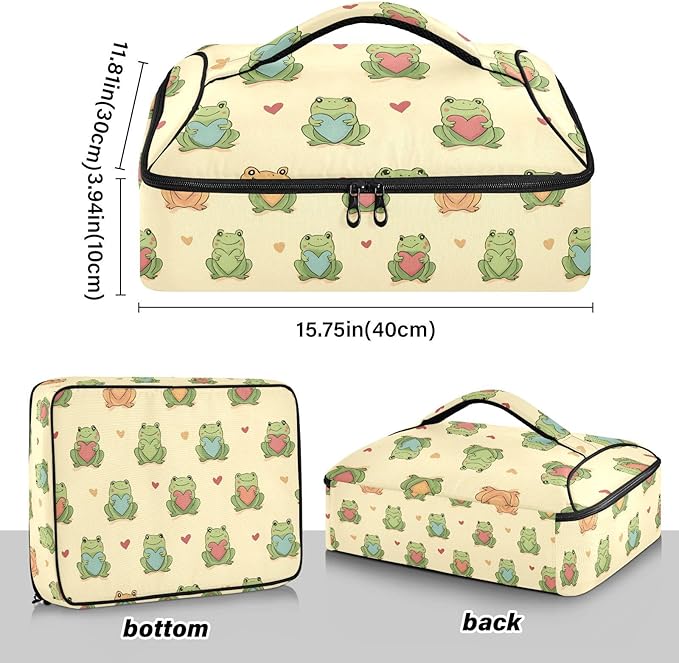 Casserole Carrier Green Frogs Holding Colorful HeartsInsulated Casserole Carrier for Hot or Cold Food Thermal Lunch Tote for Potluck Parties Picnic Beach Fits 9 x 13 Inches Baking Dish