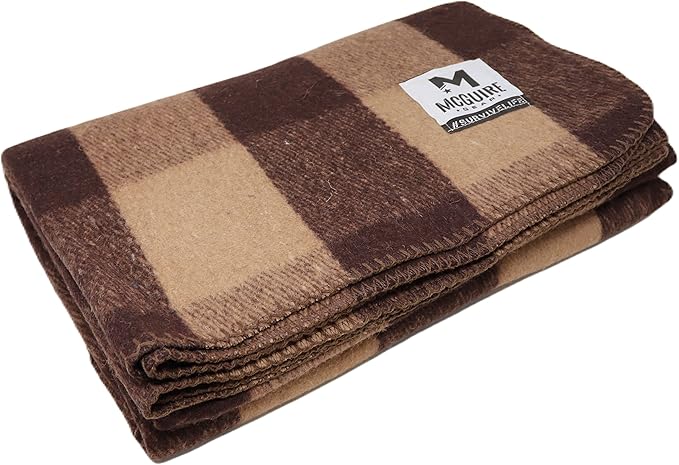M MCGUIRE GEAR Warm Wool Bunkhouse Plaid Blanket for Camping Home Survival or First Aid 64 x 90 (Light Brown/Brown)