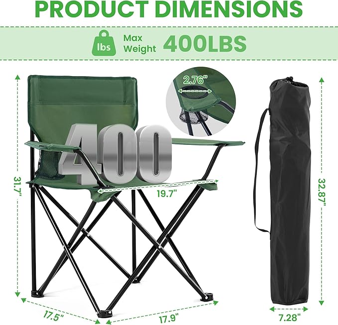 2 Pack Portable Camping Chairs Folding Lawn Chair Outdoor Lightweight Beach Chair with Cup Holder &amp Carry Bag for Outside Sports Fishing Hiking Travel Picnic Backyard Green