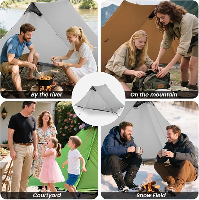 3F UL GEAR Lanshan 2 Person Tent Hiking Ultralight Camping Tent Professional 15D Silnylon Rodless Trekking Pole Tent Waterproof Backpacking Outdoor for Camping Bivvy