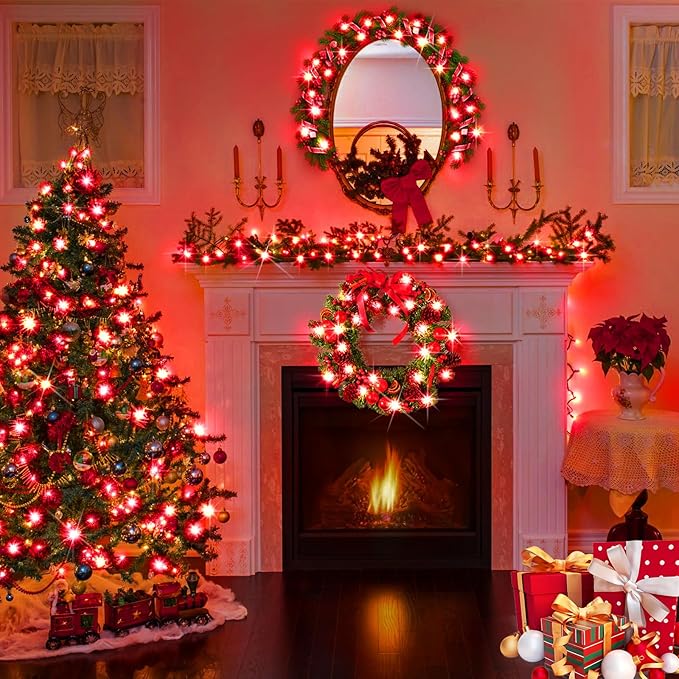 KNONEW Outdoor Christmas Lights 300 LED 99ft String Lights 8 Modes &amp Memory Fairy Light Plug in Waterproof LED String Lights for Xmas Yard Tree Wedding Party Holiday Decorations (Red)