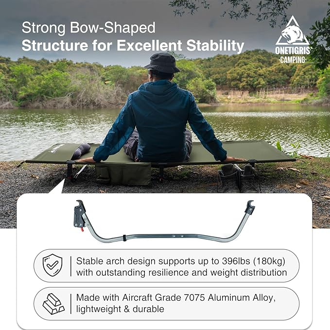 ONETIGRIS SUPRAGRIS Camping Cot Support Up to 400lbs Lightweight Comfortable Folding Bed for Camping Hiking Backpacking Travel Car Trips Office Nap (Ranger Green)