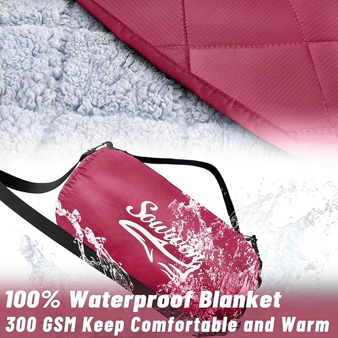 Waterproof Outdoor Blanket 82”X 55” Packable Stadium Blankets for Camping with Sherpa Fleece Lining Large Windproof Emergency Throw Mat for Garss Picnic Hiking Road Trip Machine Washable Wine