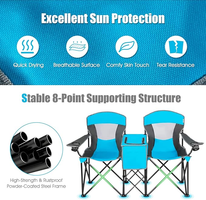 Tangkula Loveseat Camping Chair with Adjustable Shade Canopy Portable Beach Chair with Cooler Bag 2 Cup Holders Carrying Bag Foldable Double Lawn Chair for Travel Fishing Picnic (Blue)