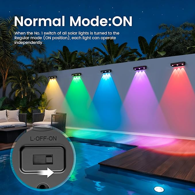 Solar Wall Lights100 LM Color Changing Solar Fence Lights Outdoor Solar Powered with Ultra-Bright LED Lens 1200 mAh Waterproof IP65 for Christmas Halloween Patio Yard Backyard 6 Pack (RGB)