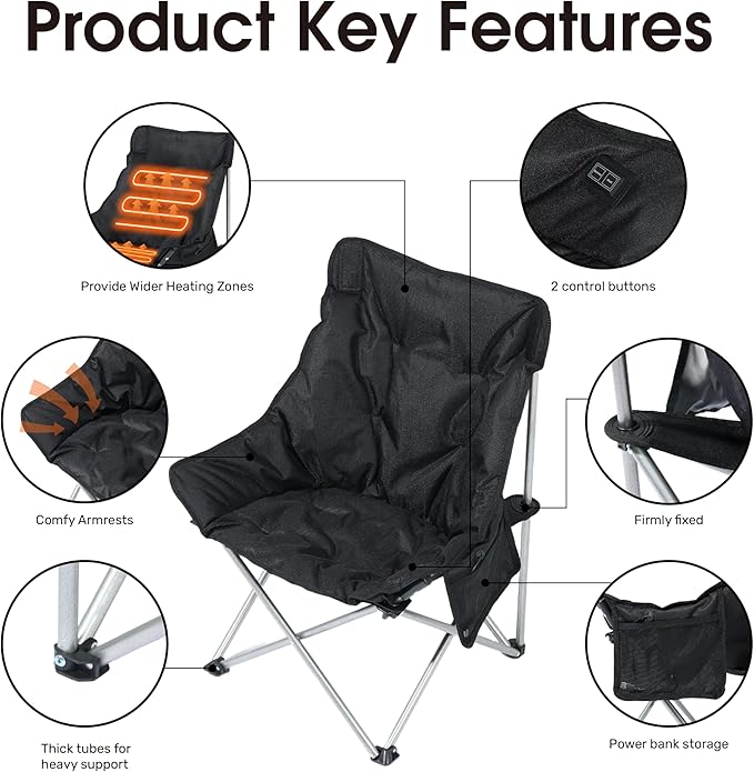 SunSettler Heated Camping Chair Oversized Heated Outdoor Chairs for Adults with 3 Heat Levels Portable Folding Padded Chair for Camp Lawn Sports (Battery NOT Included) (Black Small)