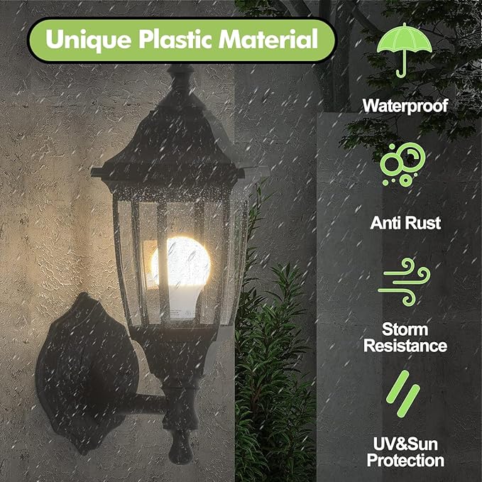 EMART Dusk to Dawn Plastic Outdoor Wall Light Fixtures with Bulbs Waterproof and Anti-Corrosion Porch Sconces Exterior Lanterns Wall Mount Lamp for Outside Garage Front Door Patio 2 Pack Black