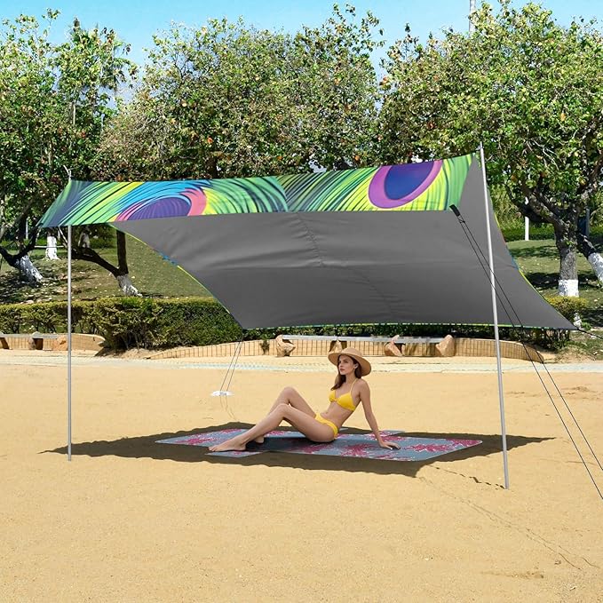 Peacock FeatherCamping Sun Shelters 9.2 x 10.5 FT Beach Canopy Tent Sun Shade with Carrying Bag for Camping Trips Fishing Backyard Fun or Picnics 21341756