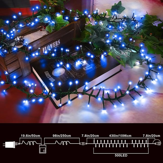 LAMPHOME 500 LED String Lights Outdoor 11 Modes Plug in Twinkle Fairy Lights for Bedroom 46ft 500LED Christmas Lights Cluster Lights Outdoor Waterproof -Blue