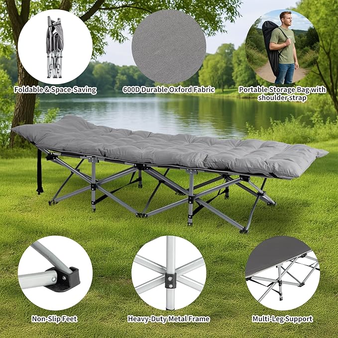 Outdoor Camping Cot for Sleeping Bed 330LBS Max Load Heavy-Duty Oxford Foliding Cots for Adults Portable with Mattress Carry Bag for Guest Travel Hiking (Gray)