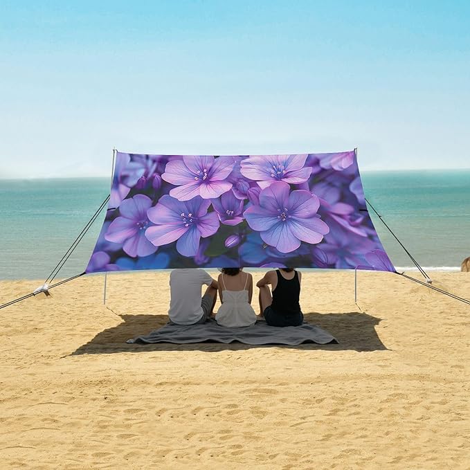 Purple Flowers Beach Tent Sun Shelter 9.2' x 10.5' Beach Canopy with 4 Sandbags 4 Stability Poles Sand Shovels - Tent Canopy for Beach Camping Fishing Picnics