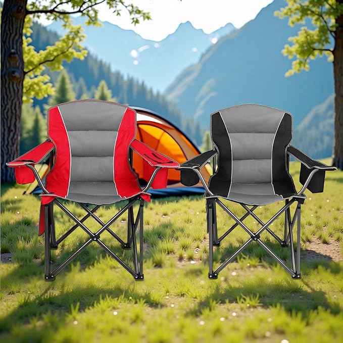 2 Pack Oversized Folding Camping Chairs for Adults Heavy Duty Lawn Chairs with Cup Holder Storage and Cooler Bag 400 LBS Weight Capacity Padded Collapsible Chairs for Outdoor Garden &amp Beach