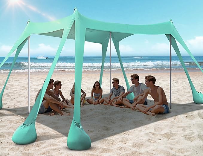 Rengue Beach Tent Beach Canopy UPF50+ UV Protection 10x10ft Beach Shade Sun Shelter with 8 Sandbags Sand Shovels Ground Peg Stability Poles for Camping Fishing Picnic Backyard Fun Light Green