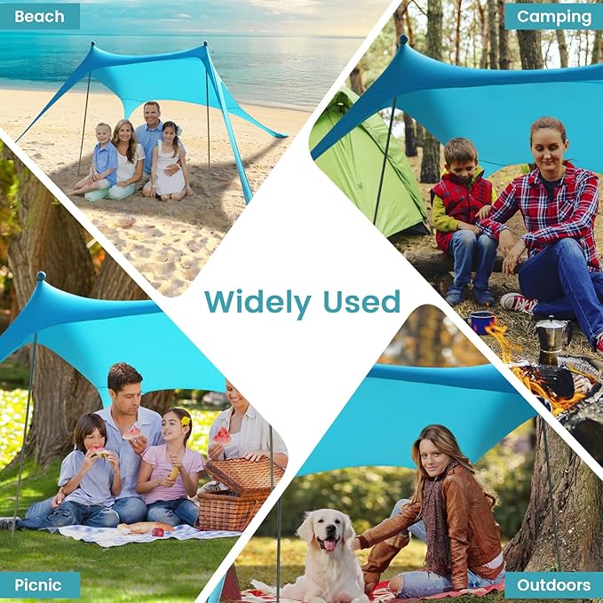 Beach Tent - 9.8 * 6.5 FT Beach Canopy Portable Beach Tent Sun Shelter UPF50 with 4 Sandbags 2 Stability Poles Ground Pegs and Anti-Wind Ropes Outdoor Beach Shade Canopy for Camping Sky Blue