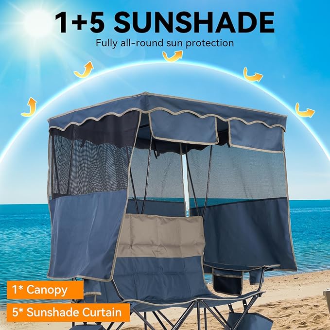 Double Beach Chair With Canopy Shade Camping Chair With Canopy Oversized Double Camping Chair With Canopy Folding Loveseat Chair With Two Cup Holders and Cooler Bag For CampingBeach Fishing