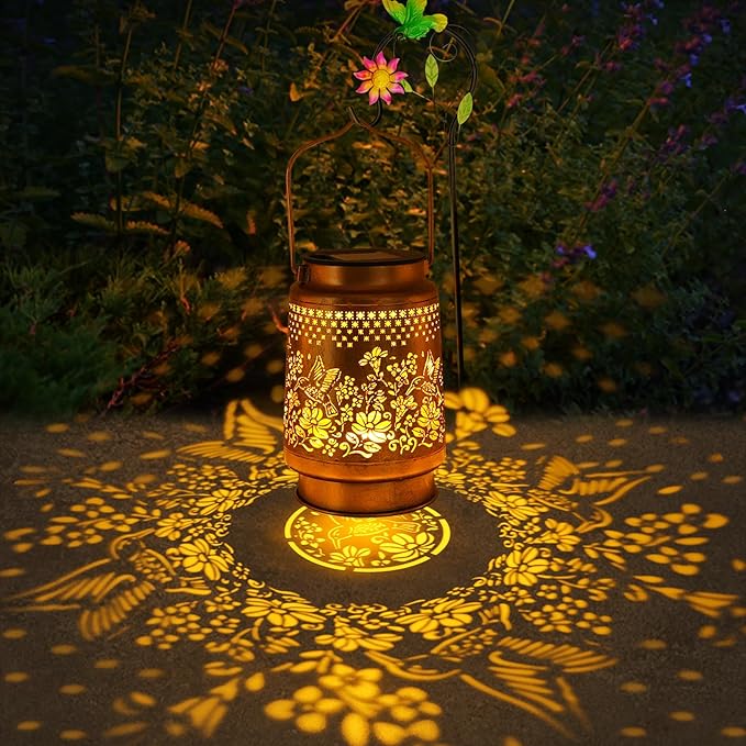 Solar Lanterns Outdoor Hummingbird Garden Decor Gifts for Women Mom Grandma Birthday Metal Hanging Solar Lights Waterproof with Shepherd Hook LED Decoration Outside for Garden Yard Patio Porch