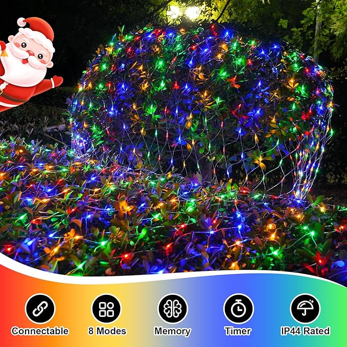 QITONG Net Lights Outdoor Mesh Lights 12ft x 5ft 360 LED Multicolor Christmas Light with 8 Modes Connectable Clear Wire Bush Light Plug in