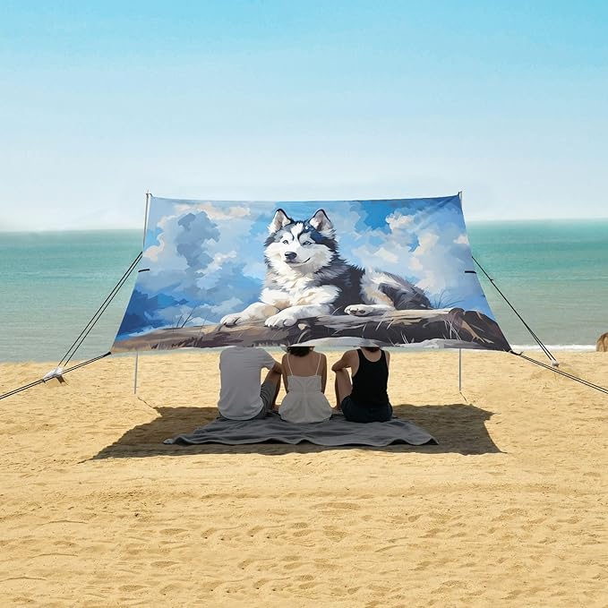 Camping Sun Shelters Husky Lying on Branches Beach Canopy 126 * 110.2in