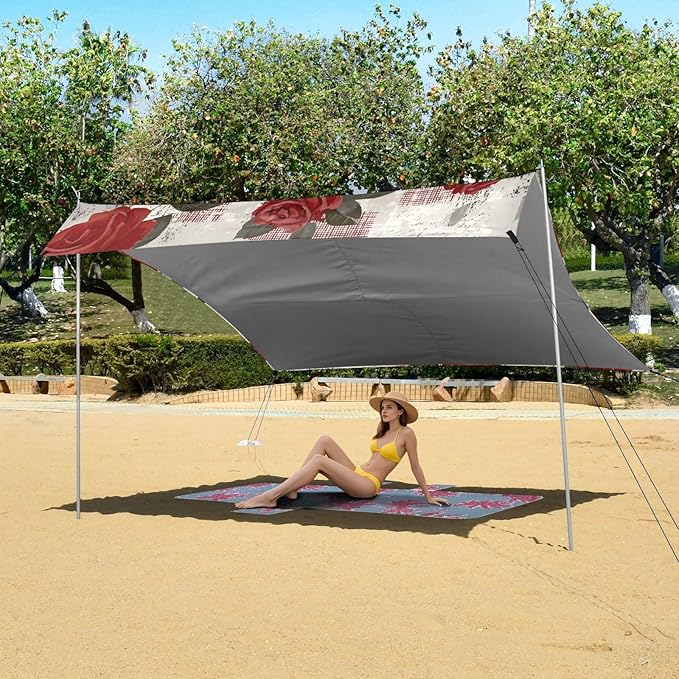 ALAZA Retro Rose Flower Beach Tent Sun Shelter UPF50+ Protection Beach Shade Canopy w/ 4 Sandbags for Outdoor Camping Fishing Backyard Fun Picnic 10x9 ft