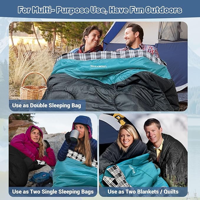 Double Sleeping Bag for Adults Machine Washable 2 Person Camping Sleeping Bag Queen Size Waterproof with Compression Sack for Cold Weather 3-4 Seasons