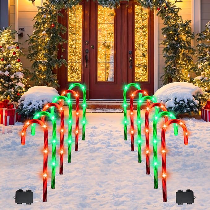 VIHOSE 12 Pcs 17 Inch Christmas Candy Cane Lights with Stakes Waterproof Pathway Markers Candy Cane Christmas Decorations for Xmas Holiday Garden Patio Lawn Yard Landscape Path Outdoor Decor