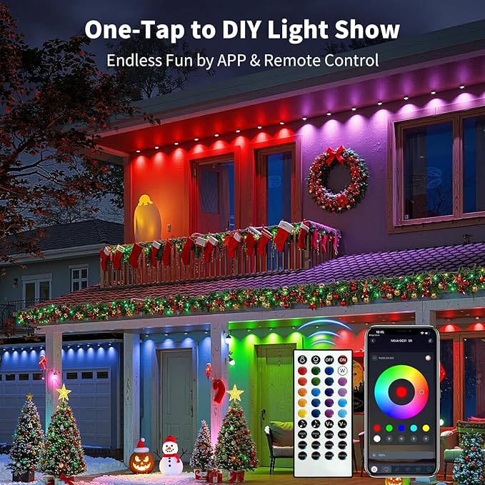 XINKAITE 200FT Permanent Outdoor Lights with 100 LEDs - Smart RGB+IC with 16 Million DIY Colors IP67 Waterproof App &amp Remote Control Hundreds of Dynamic &amp Scene Modes for Holidays Christma