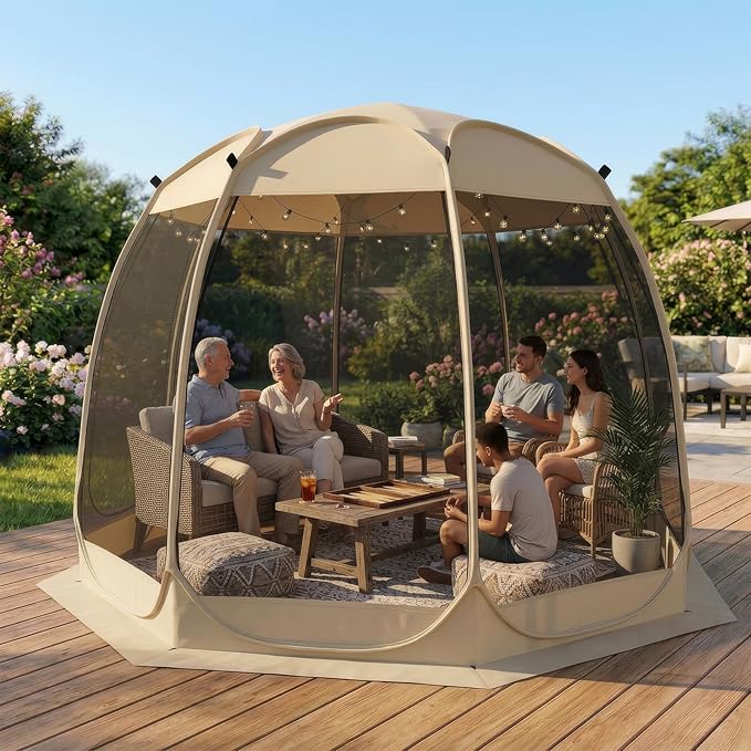 TABU Pop Up Screen House Tent 12x12 FT Screen Room Canopy with Mosquito Mesh Instant UV Resistant Shelter with Carry Bag for 8-10 Person Beige