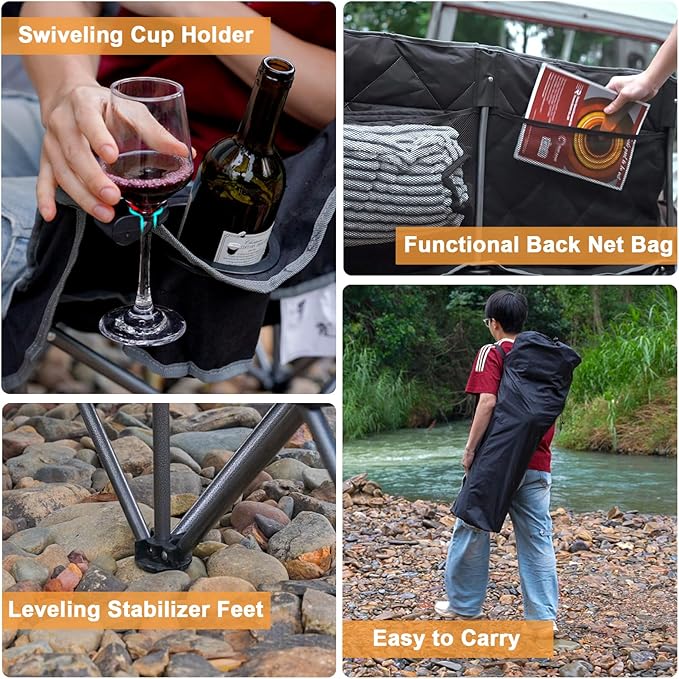Romswi Double Camping Chair2 Person Camping Chair Oversized Folding LoveseatHeavy Duty Camping Couch &amp Outdoor Sofa with Cup HoldersSupports 750LBS