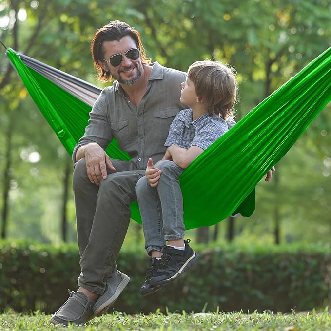 Camping Hammock with NetPortable Lightweight Double Hammocks with Tree Straps and Solid D-Shape CarabinersParachute Nylon Hammock for Backpacking Beach Backyard Patio Hiking Green&ampGrey