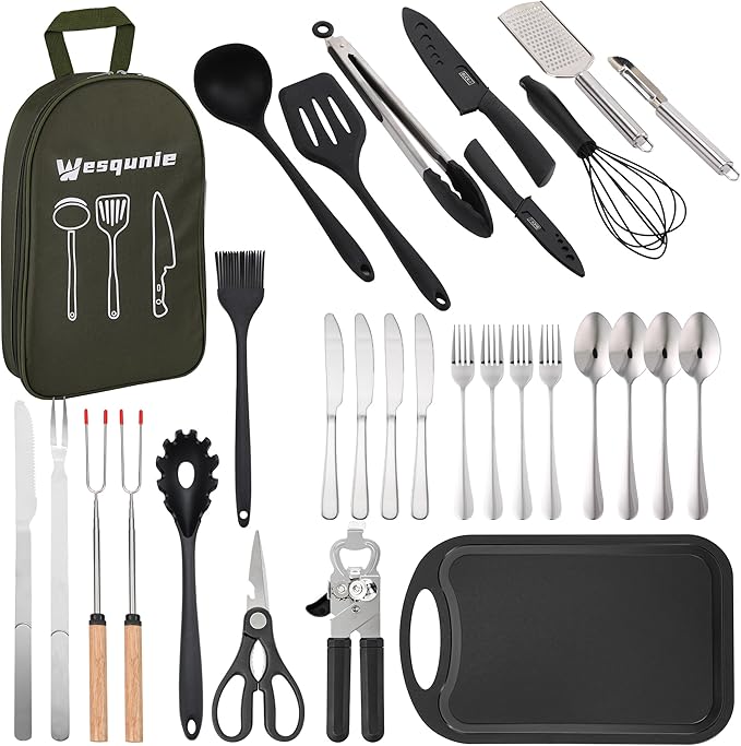 Camping Cooking Essentials Utensils Set - Camp Cookware Kitchen Accessories Kit Camper Gear Must Haves Stainless Steel &amp Silicone RV Car Portable Outdoor Equipment Tool