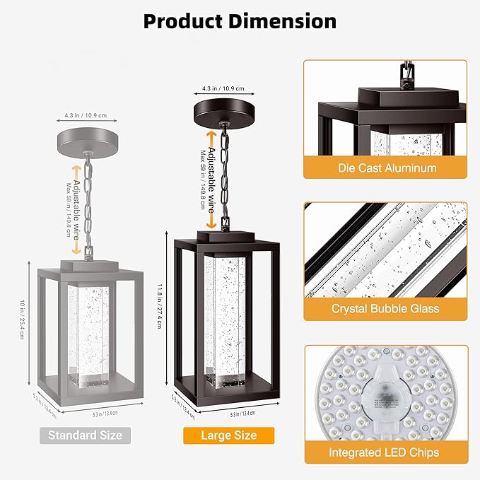 VIANIS Large Outdoor Pendant Lights with Adjustable Chain Oil Rubbed Bronze Farmhouse Exterior Hanging Light Fixture for House 100% Aluminum Waterproof Built-in 10W LED Outdoor Chandelier for Porch